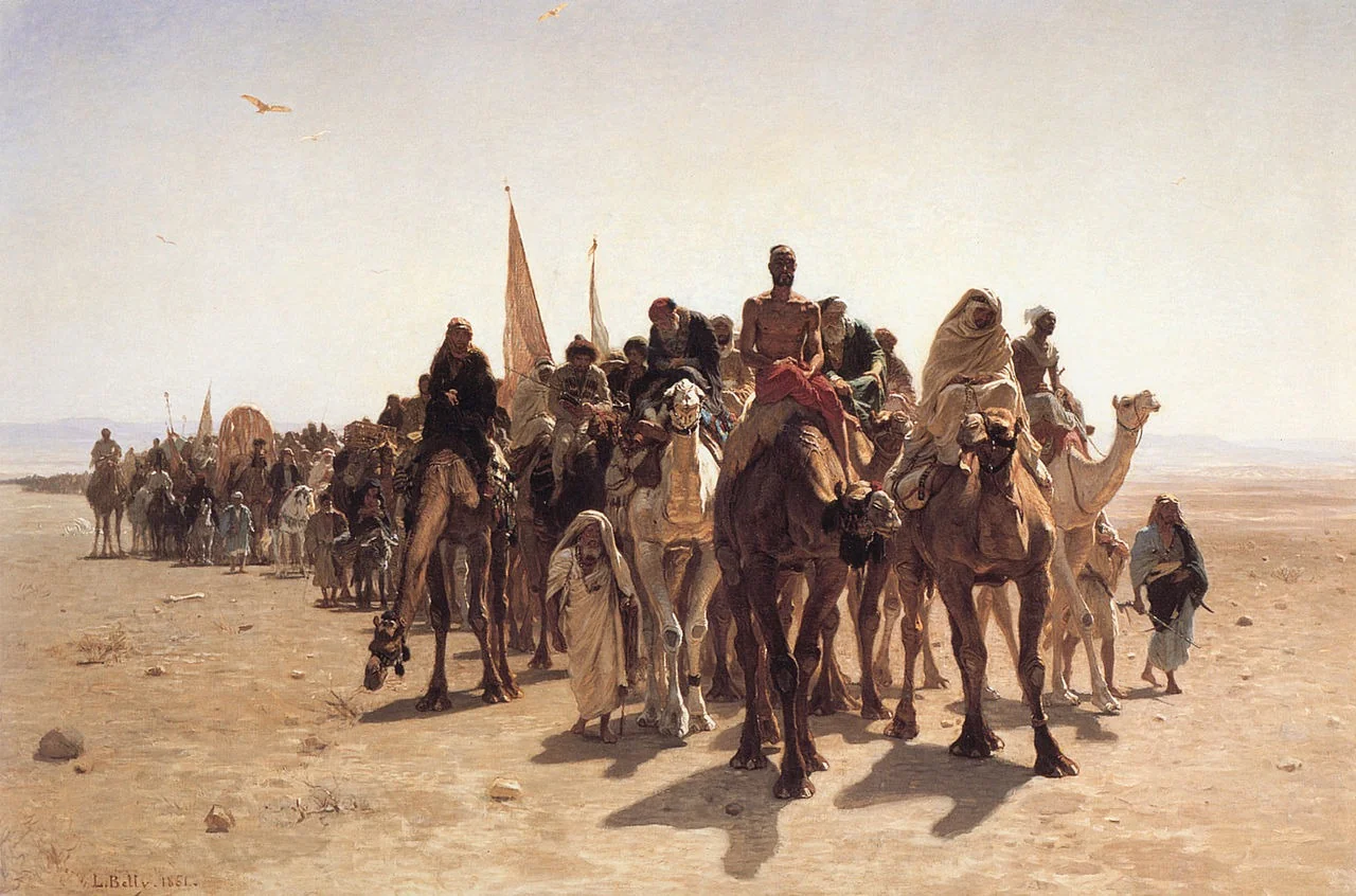 من روائع الفن العالمي عن الحج ..  الفرنسي ليون بيلي يرسم حنين الحجاج وتشوقهم في لوحته: المتجهون إلى مكة